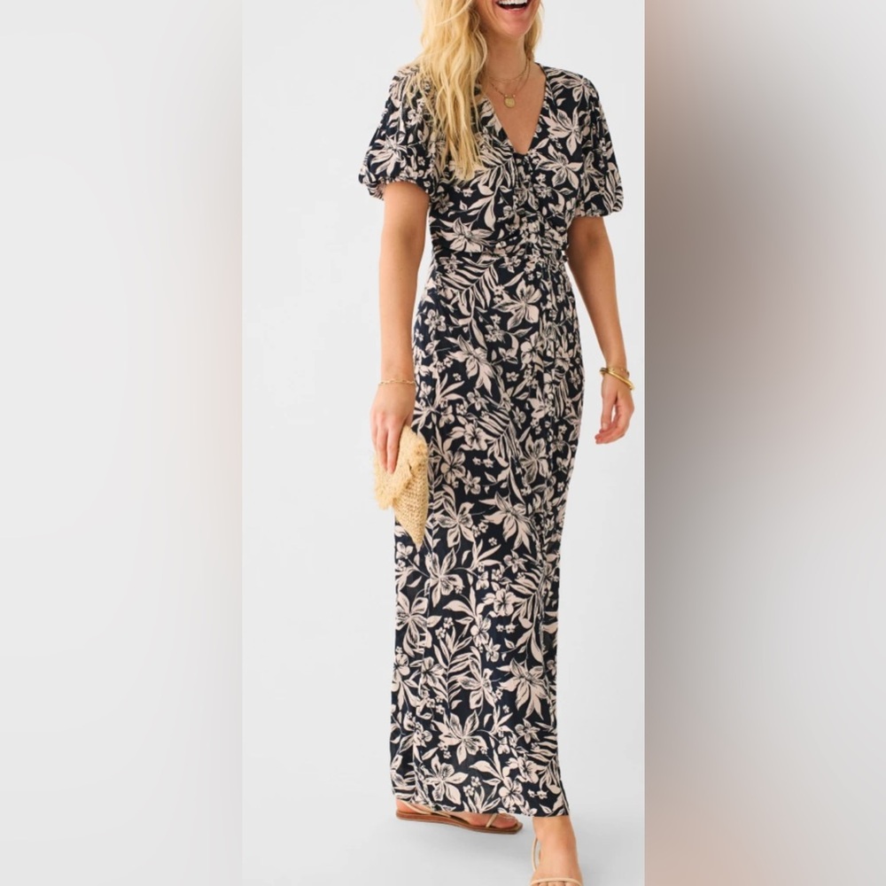 Faherty Blue and White Flutter Sleeve Maxi Dress